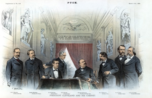 President Cleveland and his Cabinet, L-R: W.C. Whitney, Secretary of the Navy, Daniel Manning, Secretary of the Treasury, A.H. Garland, Attorney-General, T.F. Bayard, Secretary of State, W.C. Endicott...