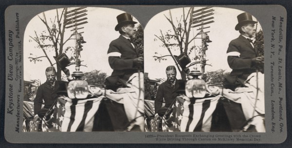 President Roosevelt Exchanging Greetings with the Crowd while driving through Canton on McKinley Memorial Day, Stereo Card, Keystone View Company, September 30, 1907