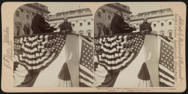 Opening Prayer by Dr. Butler with President McKinley and Admiral Dewey, Sword Presentation Ceremony, U.S. Capitol Steps, Washington DC, USA, Stereo Card, Underwood & Underwood, 1899