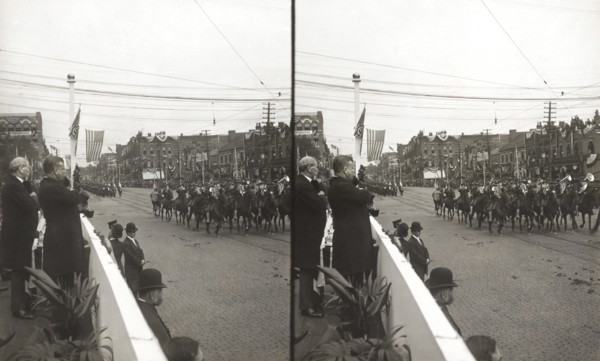 U.S. President Theodore Roosevelt with the Mayor of Canton Reviewing Parade on McKinley Memorial Day, Canton, Ohio, USA, Stereo Card, October 7, 1907