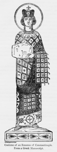 Costume of an Empress of Constantinople, From a Greek Manuscript, Illustration from John Cassell's Illustrated History of England, Vol. I from the earliest period to the reign of Edward the Fourth, Ca...