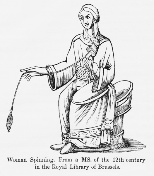 Woman Spinning From a Manuscript of the 12th century in the Royal Library of Brussels, Illustration from John Cassell's Illustrated History of England, Vol. I from the earliest period to the reign of ...
