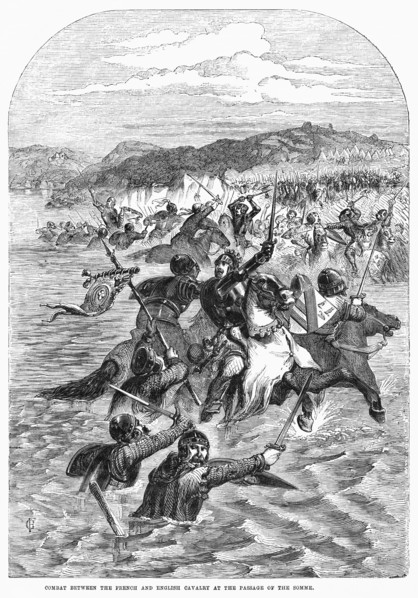Combat Between the French and English Cavalry at the Passage of the Somme, Illustration from John Cassell's Illustrated History of England, Vol. I from the earliest period to the reign of Edward the F...