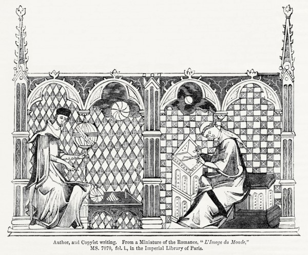 Author and Copyist writing, From a miniature of the Romance, “L’Image du Monde,” MS. 7070, for. i., in the Imperial Library of Paris, Illustration from John Cassell's Illustrated History of England, V...