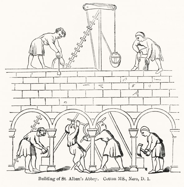 Building of St. Alban’s Abbey. Cotton MS., Nero, D.1, Illustration from John Cassell's Illustrated History of England, Vol. I from the earliest period to the reign of Edward the Fourth, Cassell, Pette...