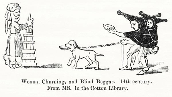 Woman Churning, and Blind Beggar, 14th century, From MS. in the Cotton Library, Illustration from John Cassell's Illustrated History of England, Vol. I from the earliest period to the reign of Edward ...