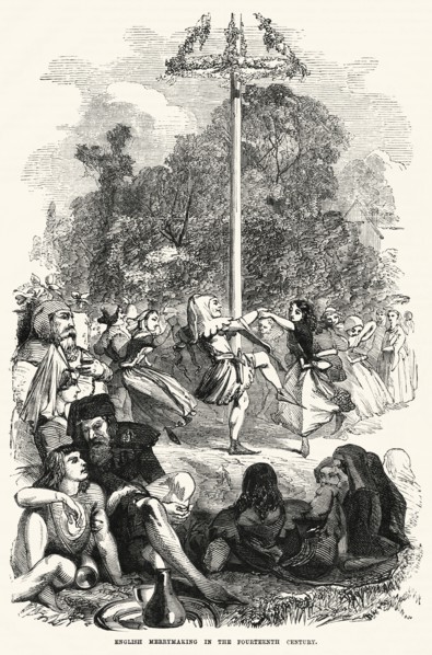 English Merrymaking in the Fourteenth Century, Dancing around Maypole, Illustration from John Cassell's Illustrated History of England, Vol. I from the earliest period to the reign of Edward the Fourt...