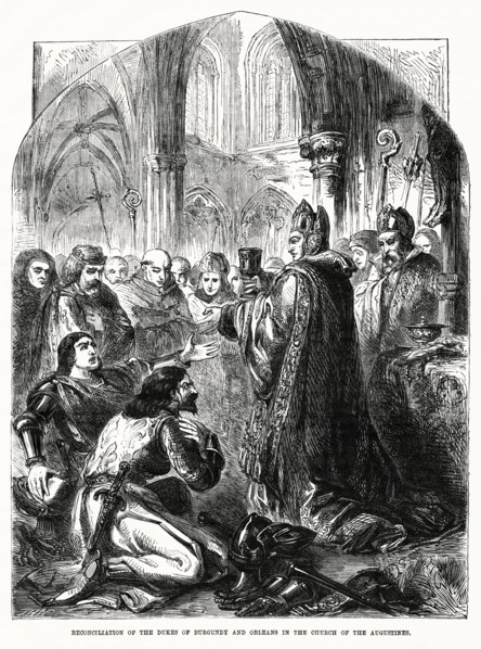 Reconciliation of the Dukes of Burgundy and Orleans in the Church of the Augustines, Illustration from John Cassell's Illustrated History of England, Vol. I from the earliest period to the reign of Ed...