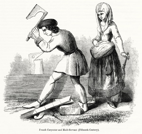 French Carpenter and Maid-Servant (Fifteenth Century), Illustration from John Cassell's Illustrated History of England, Vol. I from the earliest period to the reign of Edward the Fourth, Cassell, Pett...