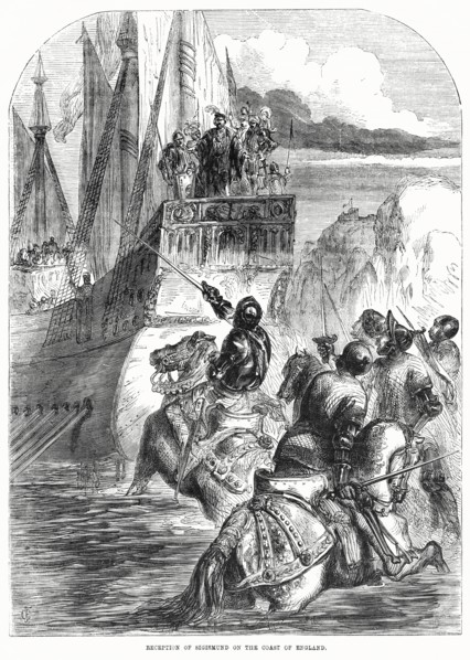 Reception of Sigismund on the Coast of England, Illustration from John Cassell's Illustrated History of England, Vol. I from the earliest period to the reign of Edward the Fourth, Cassell, Petter and ...