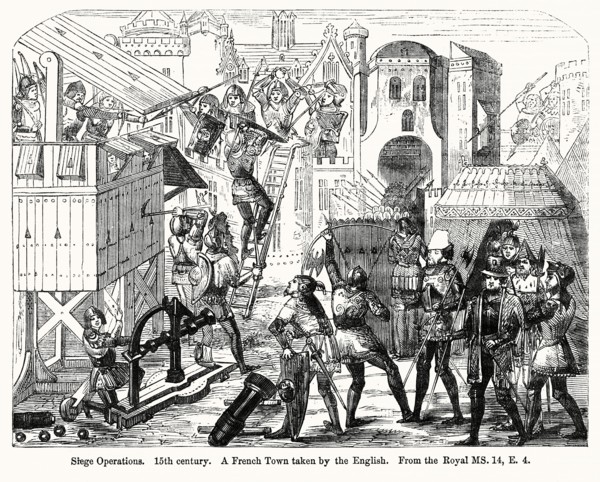 Siege Operations, 15th century, A French Town taken by the English, From the Royal MS. 14, E. 4, Illustration from John Cassell's Illustrated History of England, Vol. I from the earliest period to the...