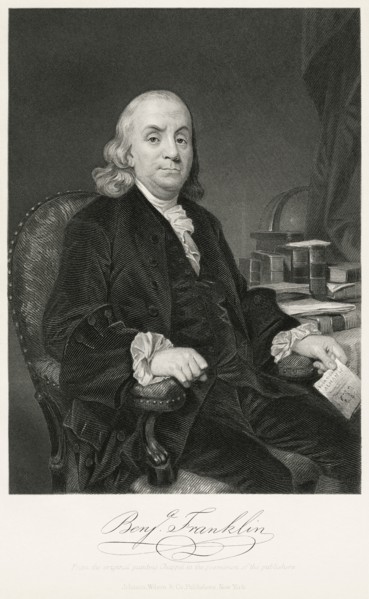 Benjamin Franklin (1706-90), American Printer, Publisher, Author, Inventor, Scientist, Diplomat and one of the Founding Fathers of the United States, Seated Portrait, Steel Engraving, Portrait Gallery...