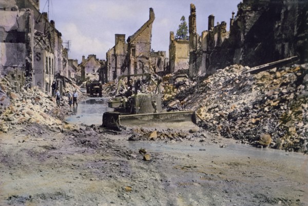 U.S. Army Tank Bulldozer Clearing Road Debris after Battle of Cherbourg, Cherbourg, France, June 1944