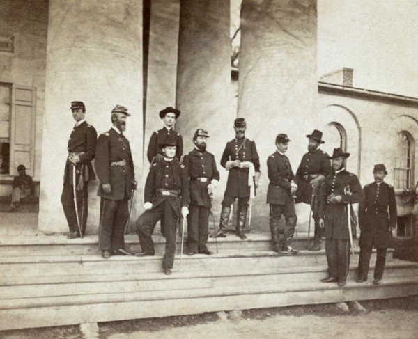 General Samuel P. Heintzelman and Union Officers Standing on Steps of Arlington House, Arlington, Virginia, USA, Photography by Alexander Gardner, 1862