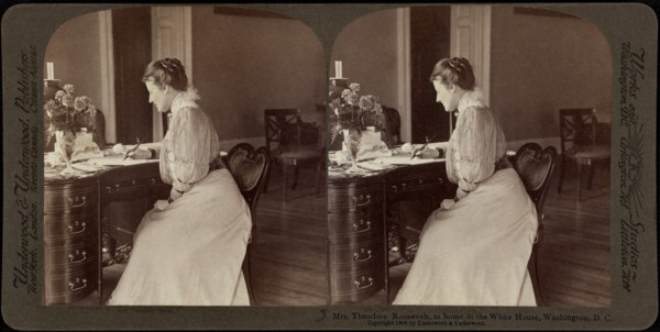 Mrs. Roosevelt, at home in the White House, Washington DC, USA, Stereo Card, Underwood & Underwood, 1903