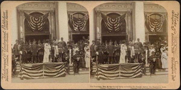 The President, Mrs. Roosevelt and Party Reviewing the Parade before the Exposition Auditorium, Charleston, South Carolina, USA, Stereo Card, Underwood & Underwood, 1902