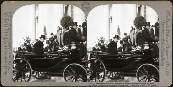 President and Mrs. Roosevelt entering their Carriage at West Pavilion, Louisiana Purchase Exposition, St. Louis, Missouri, USA, Stereo Card, C.H. Graves, The Universal Photo Art Co., 1904