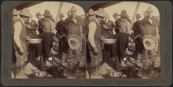 "Pot luck" with the "boys", President Roosevelt's Cowboy Breakfast at Hugo, Colorado, Stereo Card, Underwood & Underwood, 1903