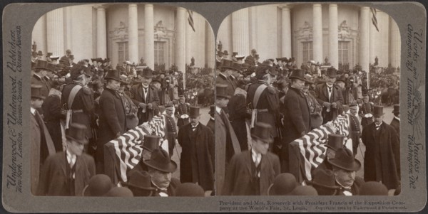 President and Mrs. Roosevelt with President David R. Francis of the Exposition Company at the World's Fair, St. Louis, Stereo Card, Underwood & Underwood, 1904