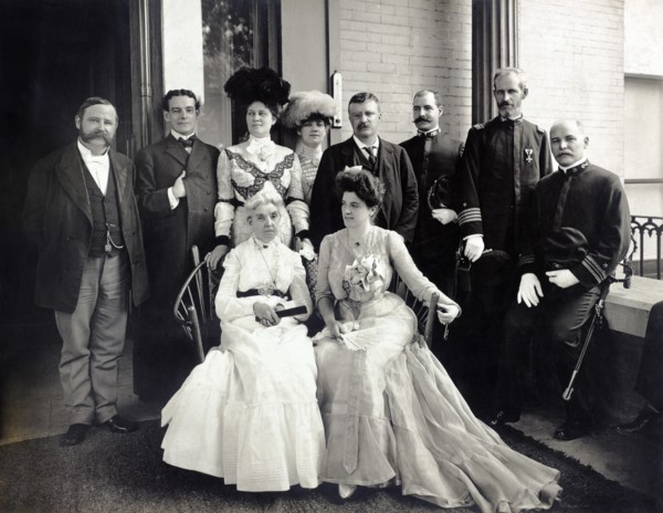 U.S. President Theodore Roosevelt in group portrait with Illinois Governor Richard Yates (left), Illinois Lieutenant Governor William Northcott (far left), three Unidentified Military Officers and Fou...
