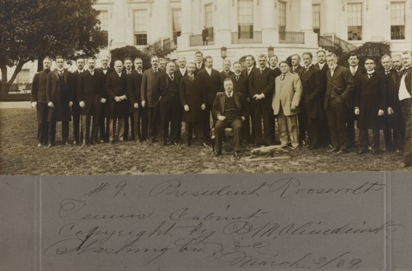 U.S. President Theodore Roosevelt at Farewell Event on White House Lawn for his "Tennis Cabinet", Bronze Statue of Crouching Cougar by Alexander P. Proctor, Presented to Roosevelt by the group, is at ...