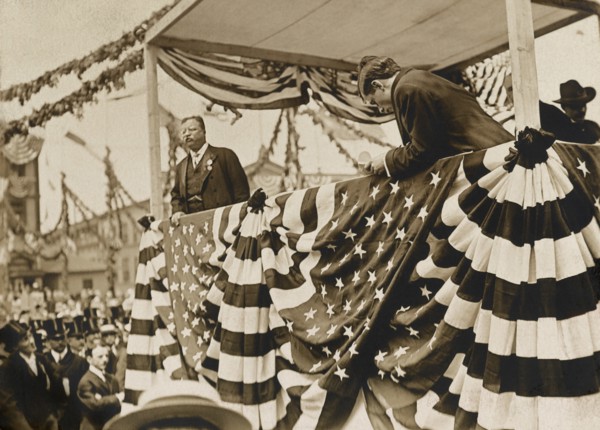 Theodore Roosevelt Standing on Platform during his Homecoming Reception after his trip Abroad, New York City, New York, USA, 1910