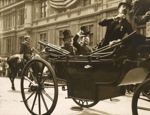 Theodore Roosevelt riding in open Carriage with New York City Mayor William Gaynor and Cornelius Vanderbilt during his Homecoming Reception after his trip Abroad, New York City, New York, USA, 1910