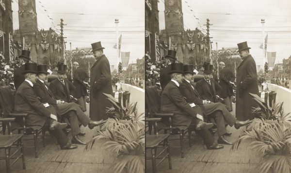 President Roosevelt, with the Mayor of Canton and the Governor of Ohio, Reviewing Parade on McKinley Memorial Day, Canton, Ohio, USA, Stereo Card, Underwood & Underwood, September 30, 1907