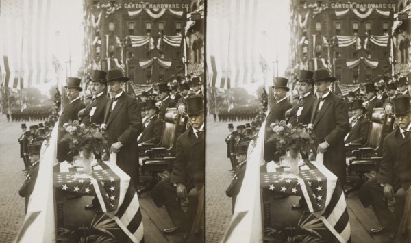 President Roosevelt, with the Mayor of Canton and the Governor of Ohio, Reviewing Parade on McKinley Memorial Day, Canton, Ohio, USA, Stereo Card, Underwood & Underwood, September 30, 1907