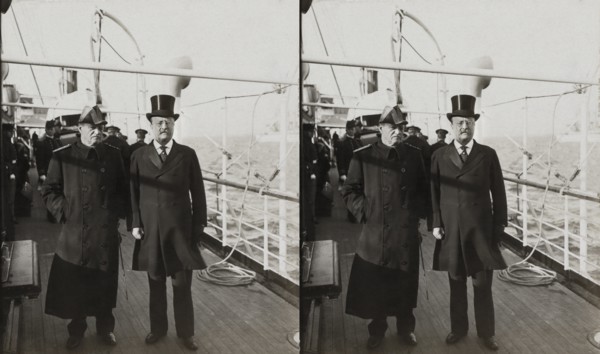 U.S. President Theodore Roosevelt and Admiral Robley "Fighting Bob" Evans on Deck of U.S.S. Mayflower, Stereo Card, 1907