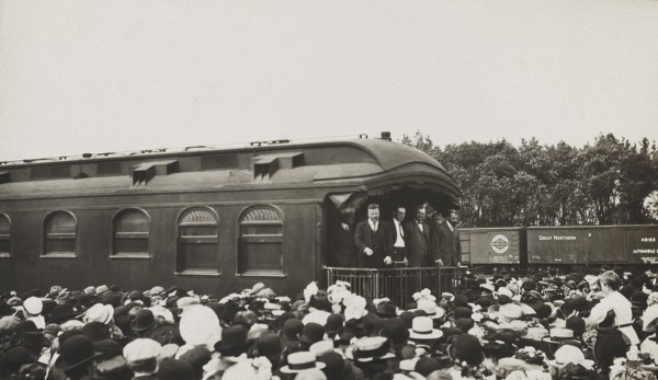 Former U.S. President Speaking to Crowd from back of Railroad Car, Willmar, Minnesota, USA, Photograph by E. Elkjer, 1910