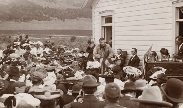 U.S. President Theodore Roosevelt giving Speech outside School House, Divide Creek, Colorado, USA, Photograph by Charles A. Bradley, 1905