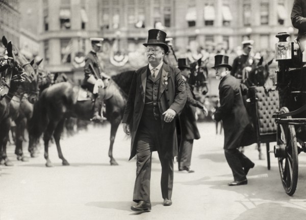 Theodore Roosevelt walking in Parade with New York City Mayor William Gaynor in background (right) during his Homecoming Reception after his trip Abroad, New York City, New York, USA, June 23, 1910