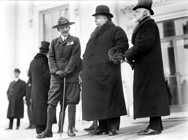 U.S. President William Howard Taft with founder of Boy Scouts Association Robert Baden-Powell and British Ambassador to the U.S. James Bryce review the Boy Scouts of Washington, D.C., from the portico...
