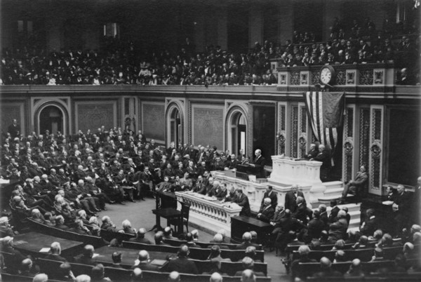 U.S. President Woodrow Wilson addressing Congress, Washington, D.C., USA, Photograph by Harris & Ewing, 1917