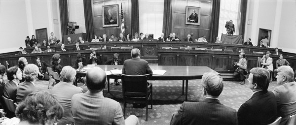 U.S. President Gerald Ford appearing at the House Judiciary Subcommittee hearing on pardoning former President Richard Nixon, Washington, D.C., USA, photograph by Thomas J. O'Halloran, October 17, 197...