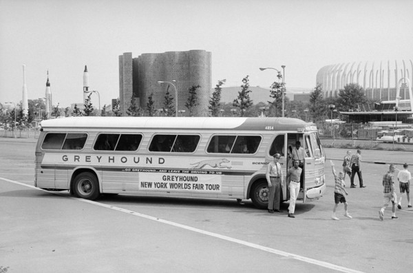 Greyhound Bus arriving at New York World's Fair,  Flushing Meadows–Corona Park, Queens, New York City, New York, USA, photograph by Thomas J. O'Halloran, June 1965