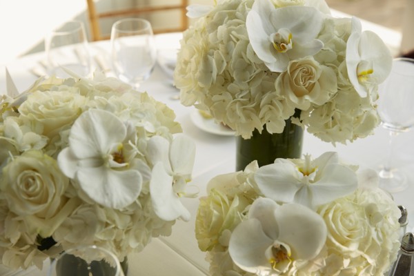 Vases of White Flowers on Wedding Reception Table