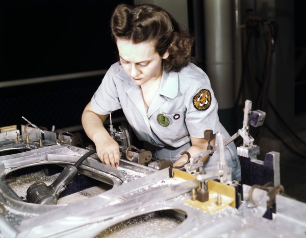 War Production Worker Drilling a Wing Bulkhead for Transport Plane
