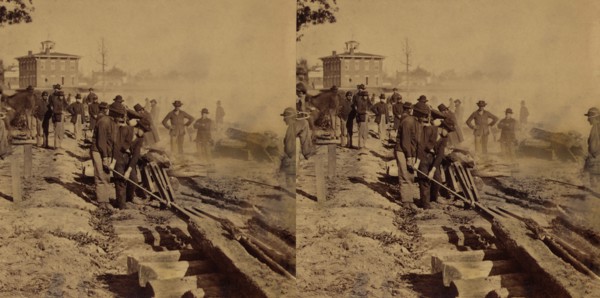 Group of Union Soldiers tearing up Confederate Railroad Tracks before evacuating Atlanta