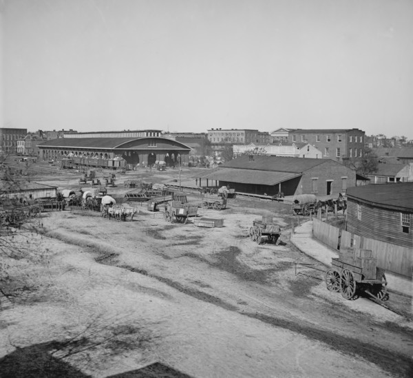 Railroad Depot with Trout House and Masonic Hall in background during Union General William Sherman's Occupation of Atlanta