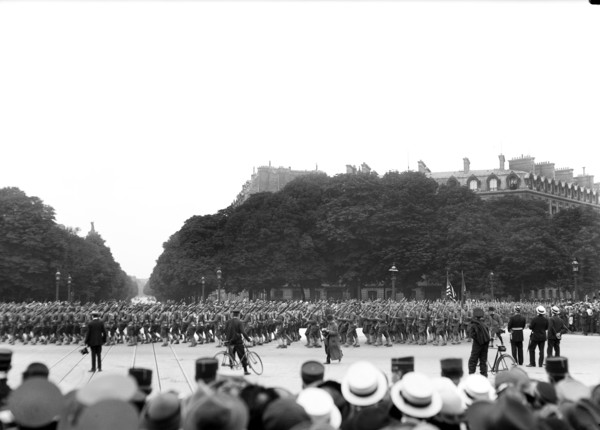 U.S. Infantry marching down Champs Elysees during 4th of July Parade
