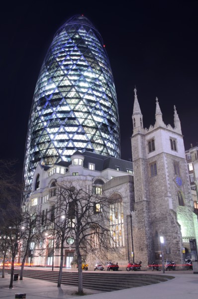 Gherkin Tower and St. Andrew Church at Night