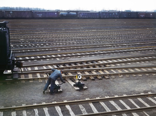 Switchman throwing a switch at Chicago and North Western Railroad's Proviso Yard