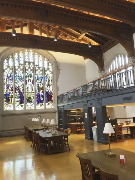 Interior View of Reading Room and Stained Glass Window, Thompson Memorial Library,
