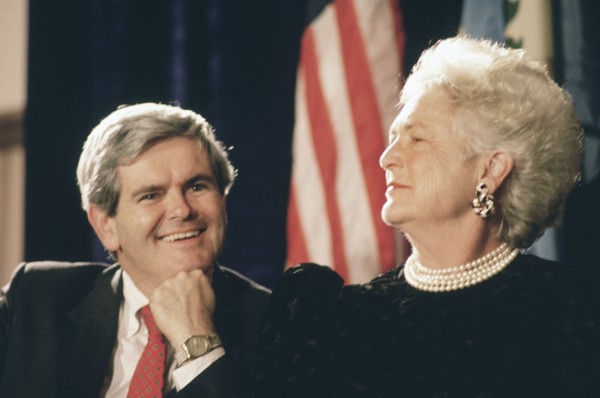 U.S. Congressman Newt Gingrich and U.S. First Lady Barbara Bush at event to honor Speaker of the House Bob Michel