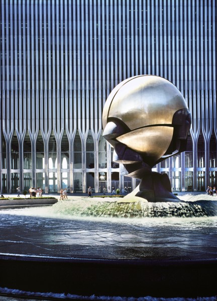 Entrance arches with Sphere at Plaza Fountain sculpture by Fritz Koenig