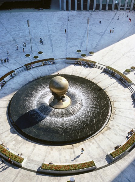 High Angle View of Sphere at Plaza Fountain Sculpture by Fritz Koenig