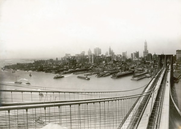 High Angle View of Brooklyn Bridge and Downtown Manhattan Skyline
