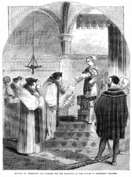 Edward VI presenting the Warrant for the Execution of Joan Bocher to Archbishop Cranmer